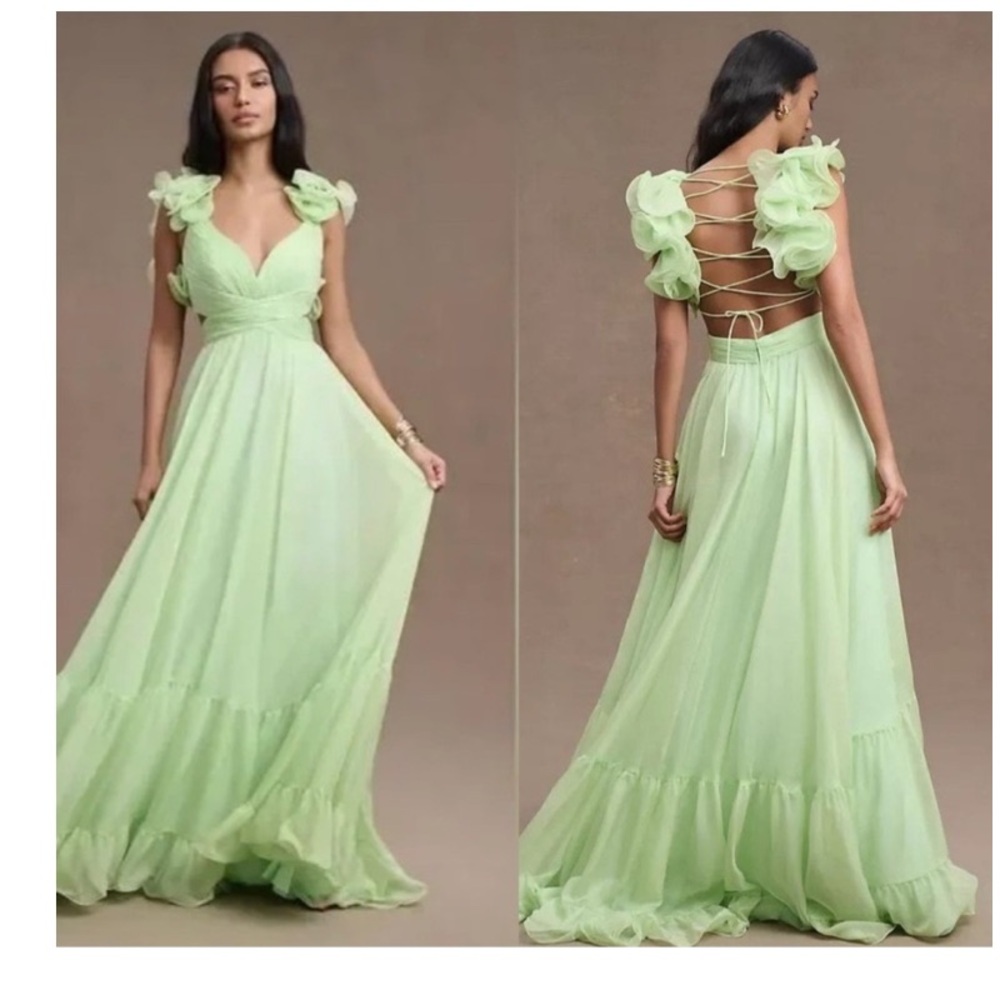 Mac Duggal indy A-line Ruffled back-lace chiffon Gown
